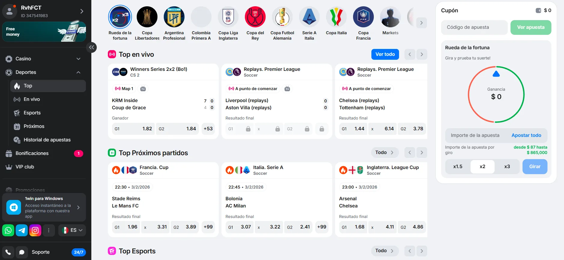 Apuestas deportivas y esports en la sección 1win bet: más de 400 partidos en live