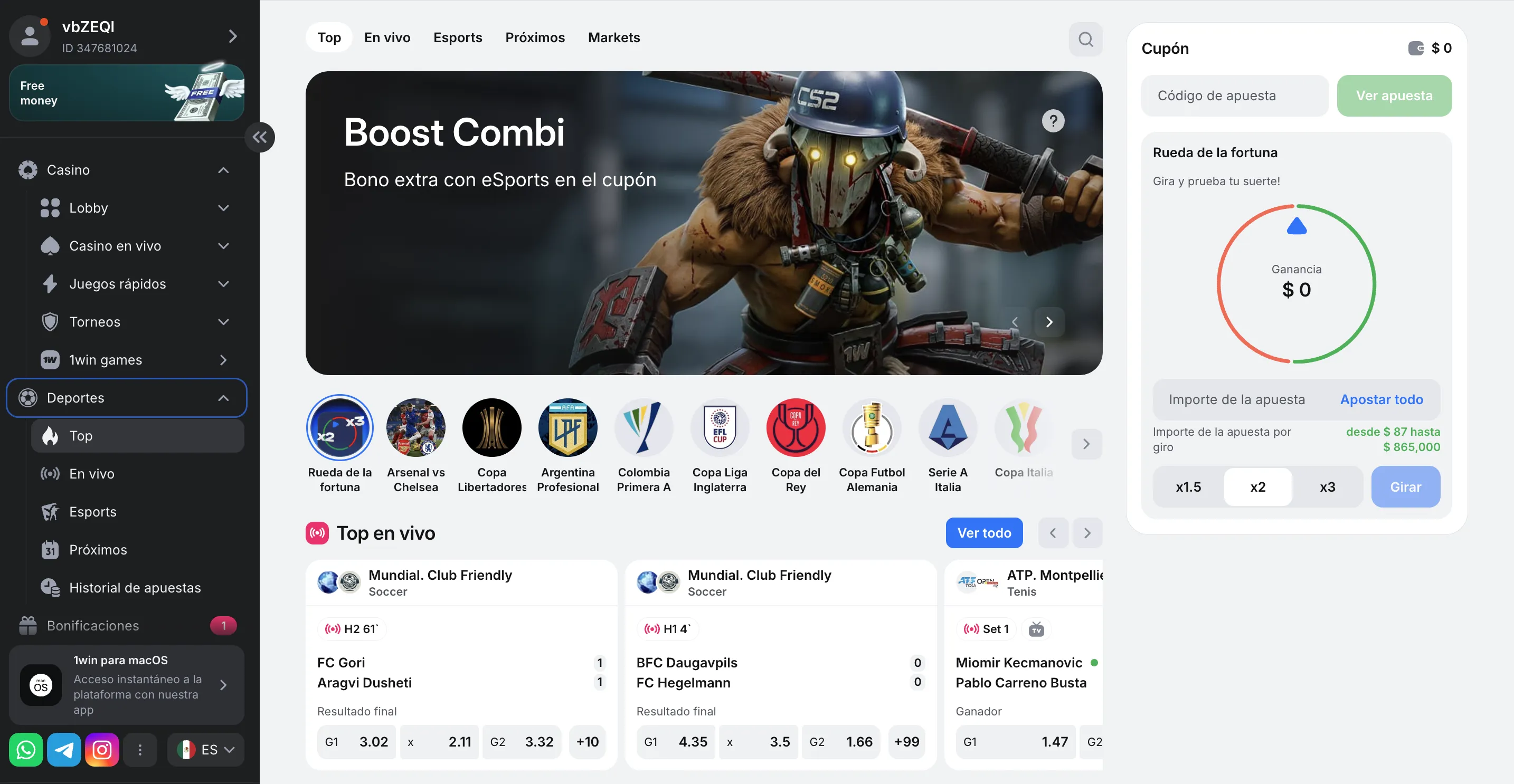Regalos para apuestas en fútbol y tenis con bonus code 1win Chile